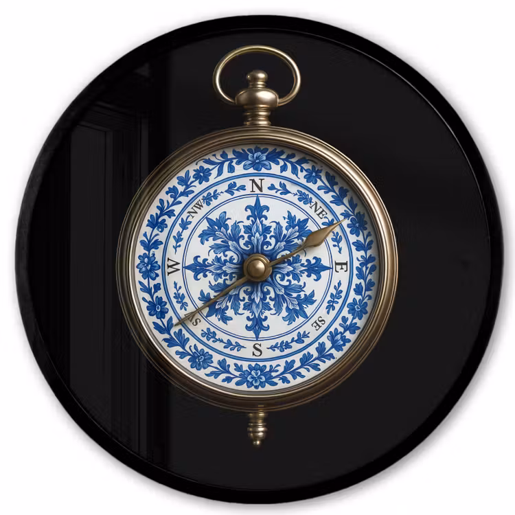 Kompas - Delfts blauw - Zwart Fotolijst rond zonder passe partout klein -3d