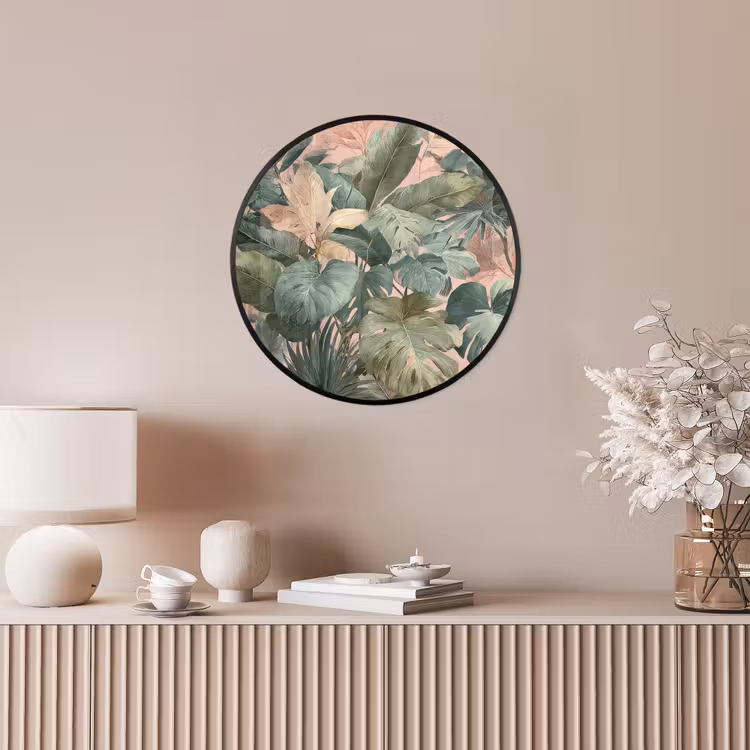 Compositie van bladeren - Groen - Roze Fotolijst rond zonder passe partout klein -sfeer3