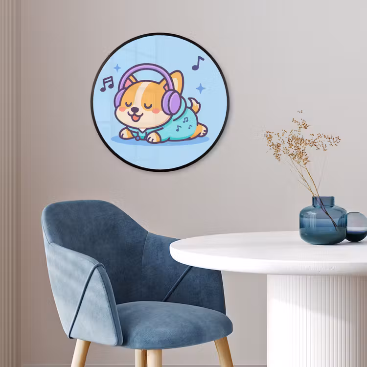 Corgi - Koptelefoon - Blauw - Muzieknoten Fotolijst rond zonder passe partout klein -sfeer2