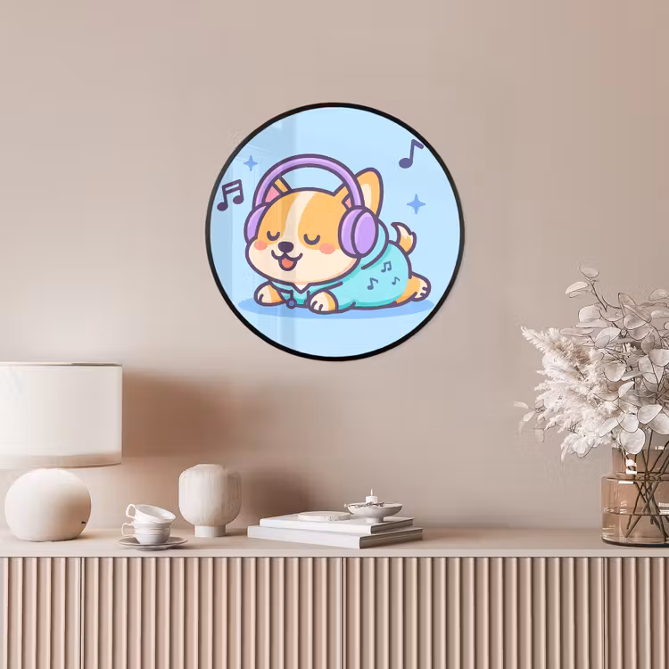 Corgi - Koptelefoon - Blauw - Muzieknoten Fotolijst rond zonder passe partout klein -sfeer3