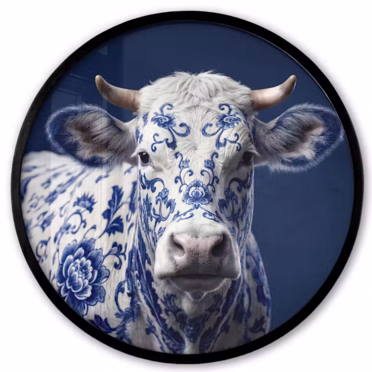 Koe - Delfts - Blauw - Artistiek Fotolijst rond zonder passe partout klein -3d