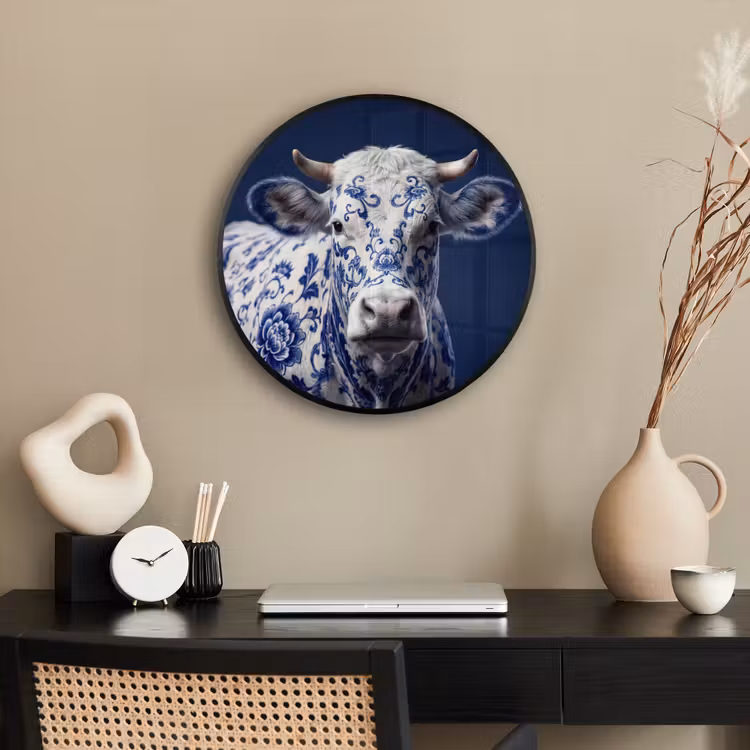 Koe - Delfts - Blauw - Artistiek Fotolijst rond zonder passe partout klein -sfeer1