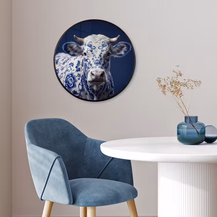 Koe - Delfts - Blauw - Artistiek Fotolijst rond zonder passe partout klein -sfeer2
