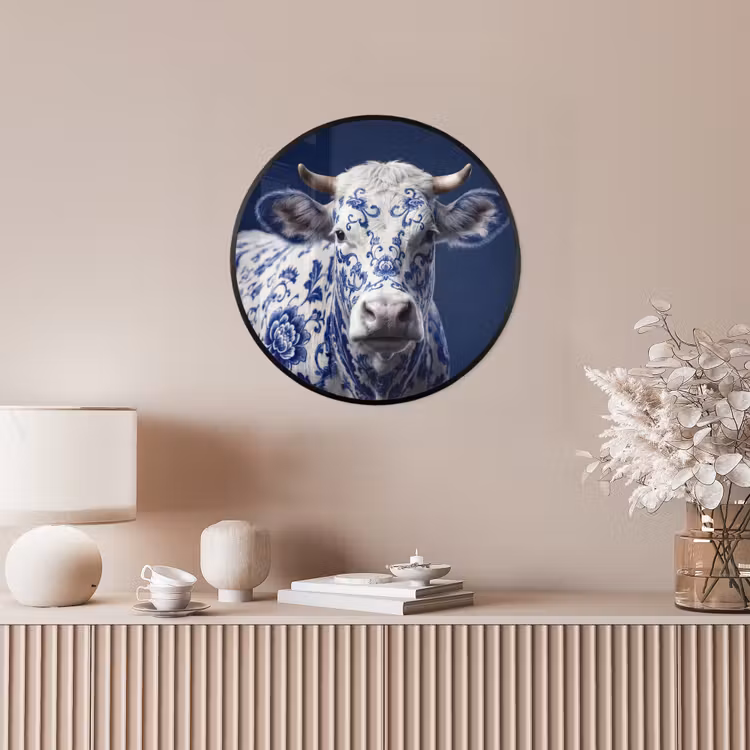 Koe - Delfts - Blauw - Artistiek Fotolijst rond zonder passe partout klein -sfeer3