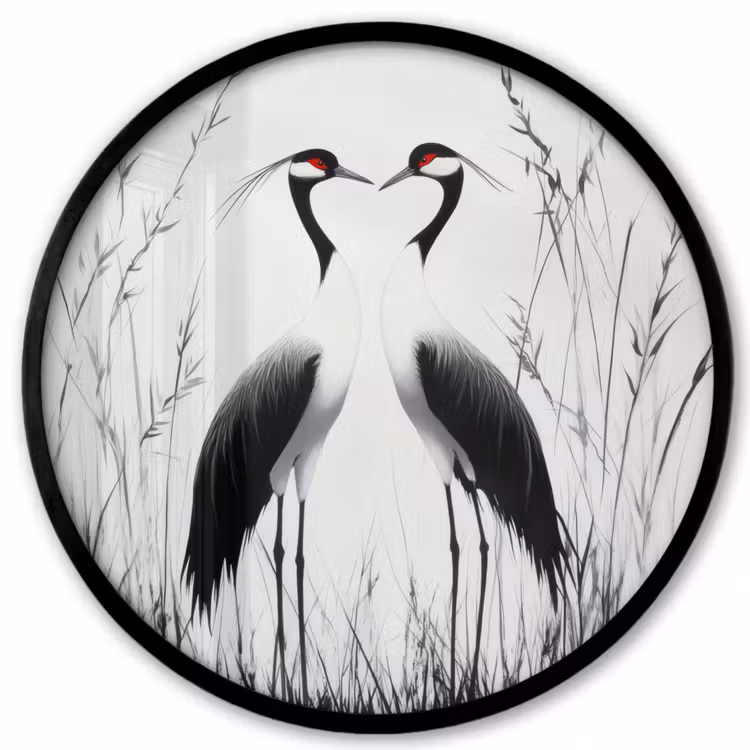 Kraanvogels - Gras - Hartvorm - Zwart Fotolijst rond zonder passe partout klein -3d