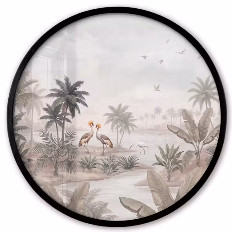 Kraanvogels - Palmbomen - Tropisch Fotolijst rond zonder passe partout klein -3d