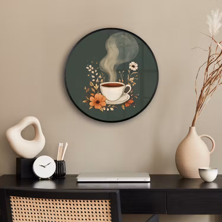 Kop - Bloemen - Groen - Koffie Fotolijst rond zonder passe partout klein -sfeer1