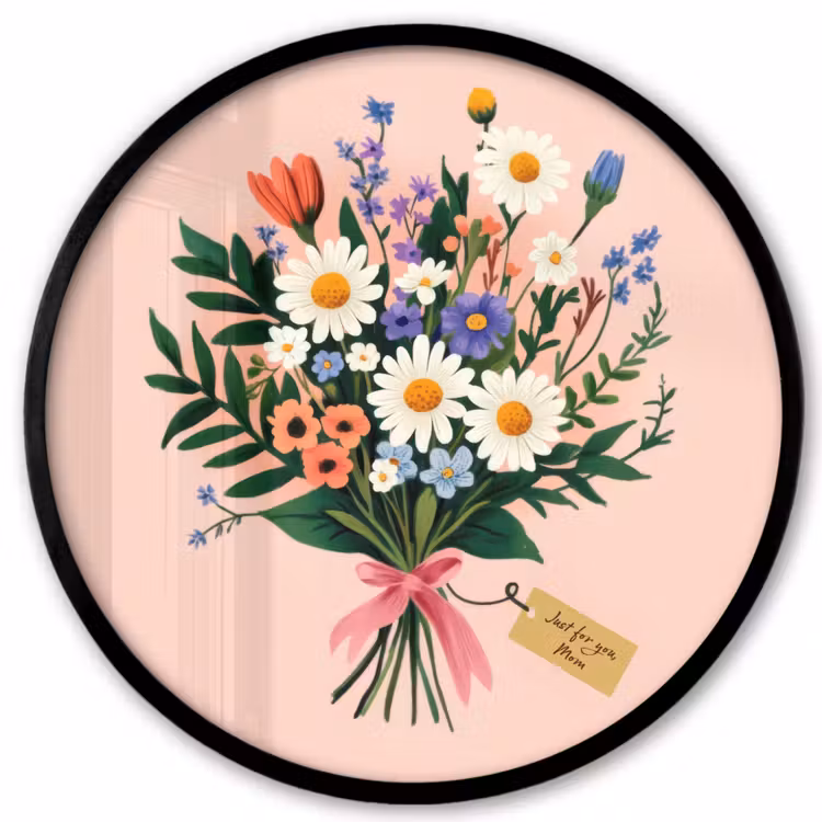 Margrieten - Boeket - Strikje - Roze Fotolijst rond zonder passe partout klein -3d