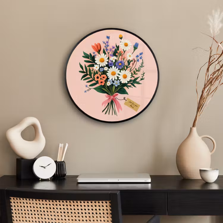Margrieten - Boeket - Strikje - Roze Fotolijst rond zonder passe partout klein -sfeer1