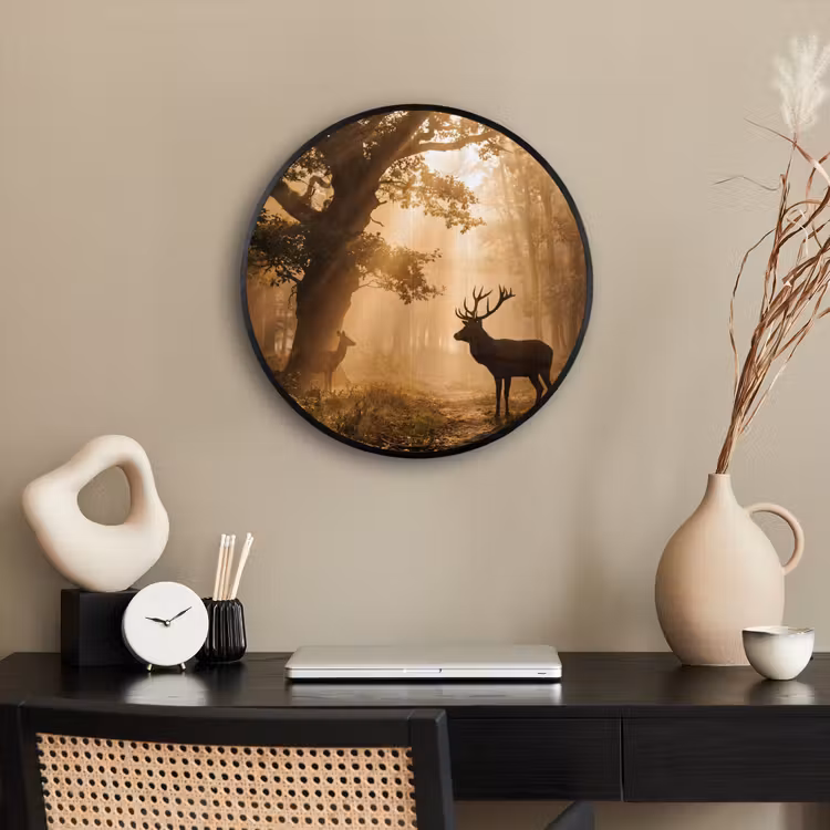 Hert - Bos - Mistig - Natuur - Goud Fotolijst rond zonder passe partout klein -sfeer1