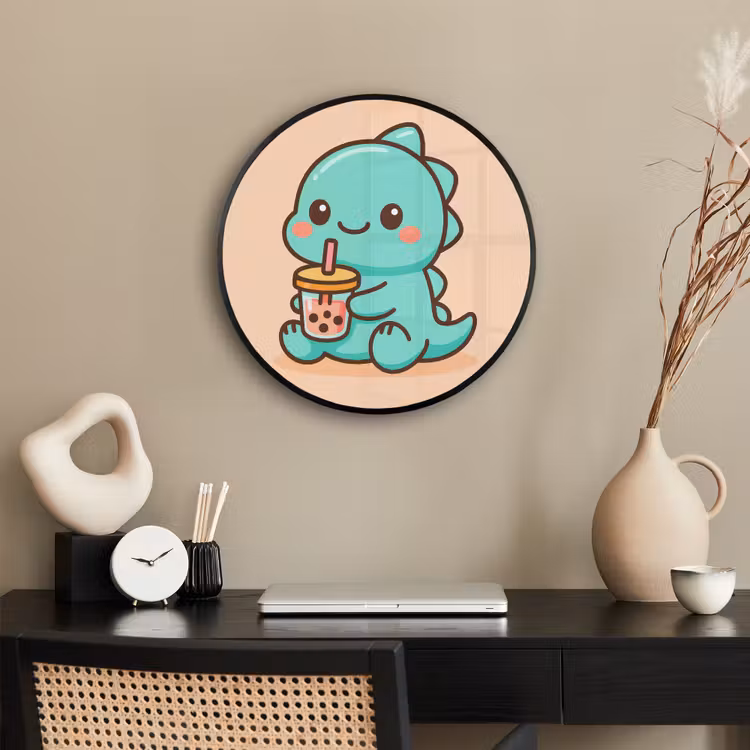 Dino - Boba - kawaii - Oranje Fotolijst rond zonder passe partout klein -sfeer1