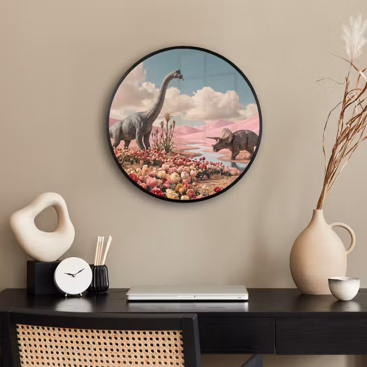 Photo Frame Round - Dinosaur - Pink - Landscape - Dinosaurus - Roze - Landschap Fotolijst rond zonder passe partout klein