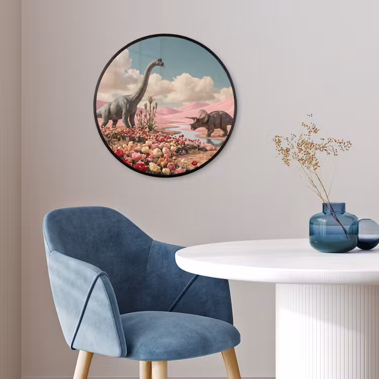 Photo Frame Round - Dinosaur - Pink - Landscape - Dinosaurus - Roze - Landschap Fotolijst rond zonder passe partout klein