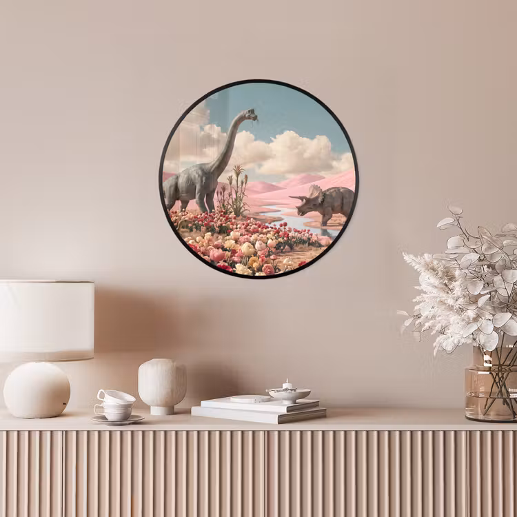 Photo Frame Round - Dinosaur - Pink - Landscape - Dinosaurus - Roze - Landschap Fotolijst rond zonder passe partout klein
