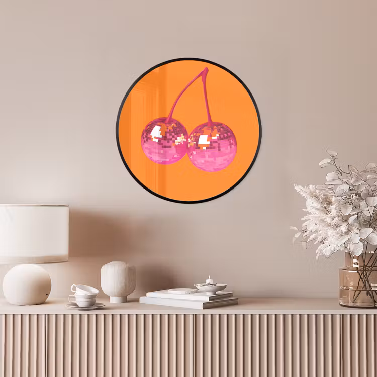 Discoballen - Kers - Spiegels - Roze Fotolijst rond zonder passe partout klein -sfeer3