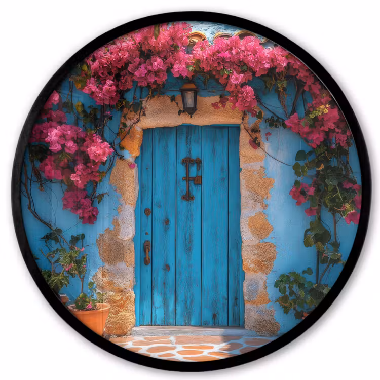 Deur - Hout - Bloemen - Blauw Fotolijst rond zonder passe partout klein -3d