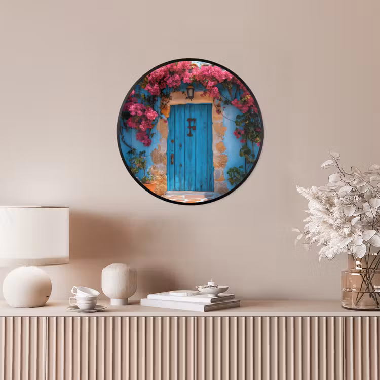 Deur - Hout - Bloemen - Blauw Fotolijst rond zonder passe partout klein -sfeer3
