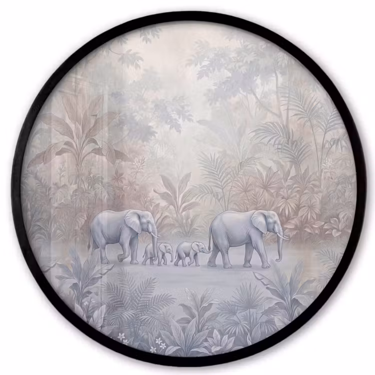Olifant - Familie - Jungle - Illustratie - Grijs Fotolijst rond zonder passe partout klein -3d