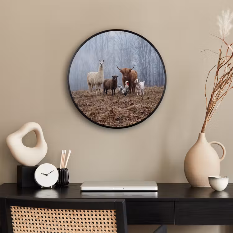Boerderijdieren - Groep - Mist - Natuur - Rustiek Fotolijst rond zonder passe partout klein -sfeer1