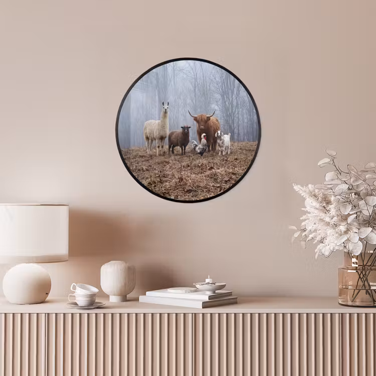 Boerderijdieren - Groep - Mist - Natuur - Rustiek Fotolijst rond zonder passe partout klein -sfeer3