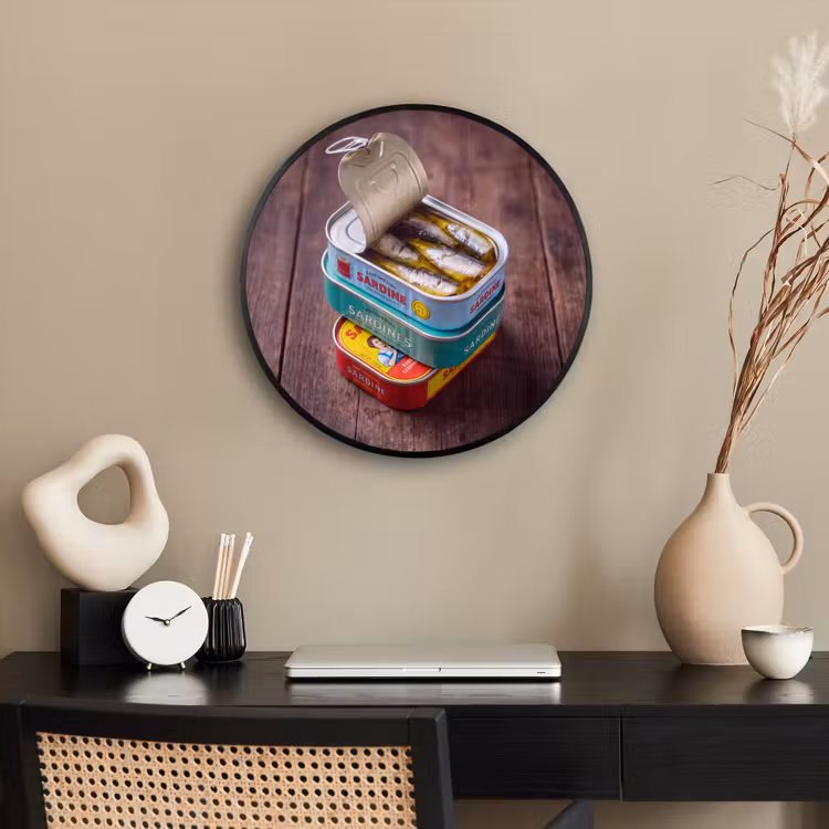 Photo Frame Round - Fish - Cans - Kitchen - Vis - Blikjes - Keuken Fotolijst rond zonder passe partout klein
