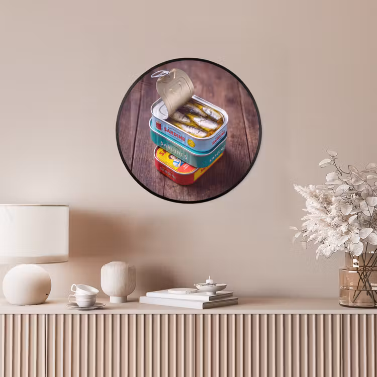 Photo Frame Round - Fish - Cans - Kitchen - Vis - Blikjes - Keuken Fotolijst rond zonder passe partout klein