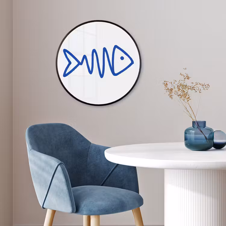 Vis - Minimalistisch - Blauw - Lijn Fotolijst rond zonder passe partout klein -sfeer2