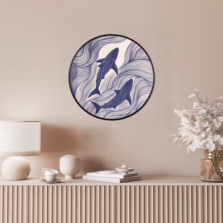 Vis - Oceaan - Lijntekening - Blauw - Dieren Fotolijst rond zonder passe partout klein -sfeer3