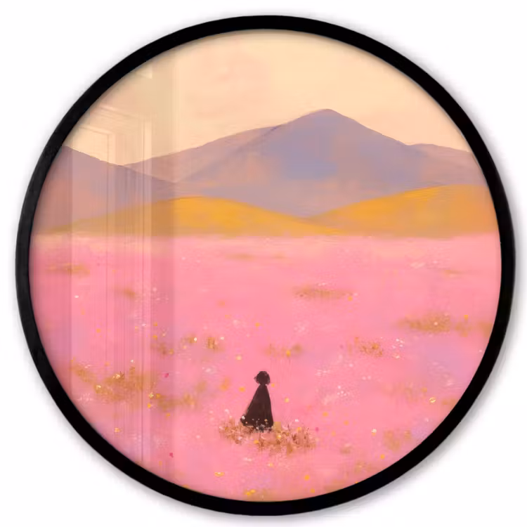 Bloemenweide - Heuvels - Silhouet - Roze Fotolijst rond zonder passe partout klein -3d