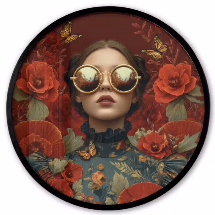 Bloemen - Dieprood - Zonnebril - Vrouw Fotolijst rond zonder passe partout klein -3d