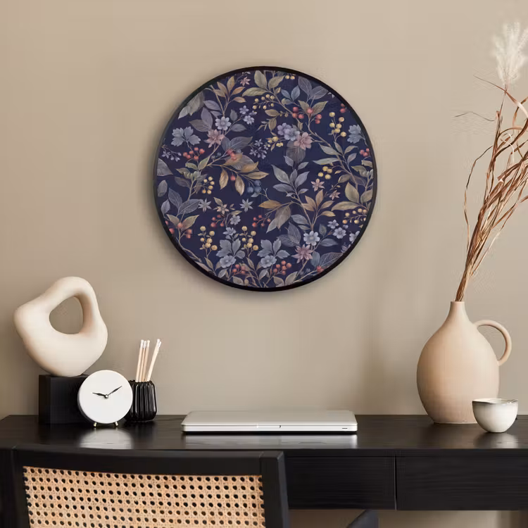 Bloemen - Bladeren - Patroon - Botanisch - Donkerblauw Fotolijst rond zonder passe partout klein -sfeer1