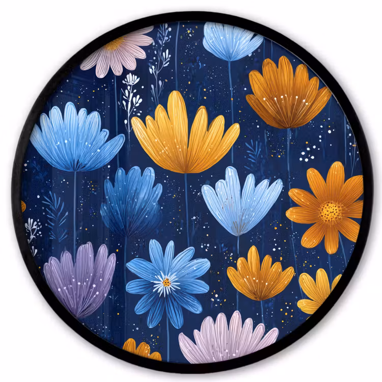 Bloemen - Patroon - Blauw - Contrast Fotolijst rond zonder passe partout klein -3d