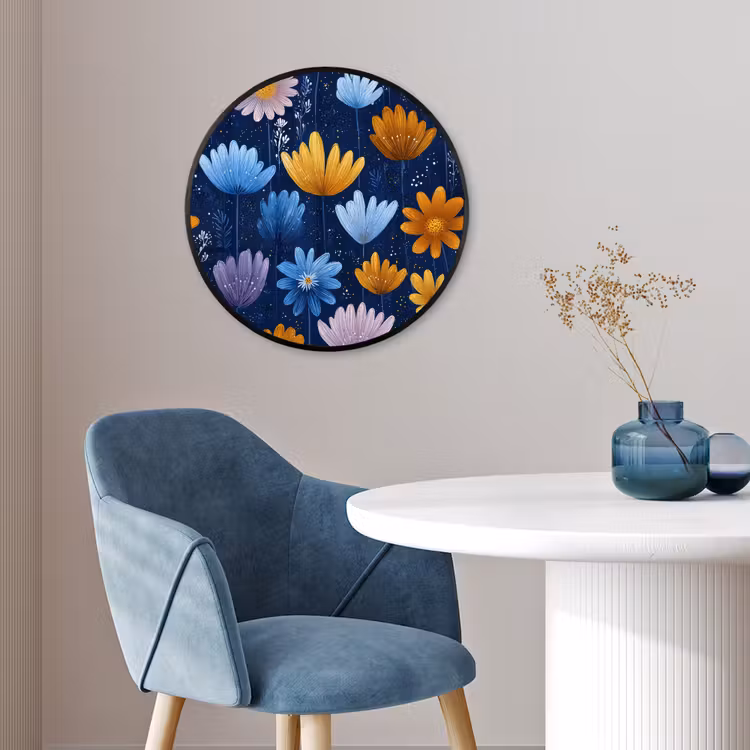 Bloemen - Patroon - Blauw - Contrast Fotolijst rond zonder passe partout klein -sfeer2
