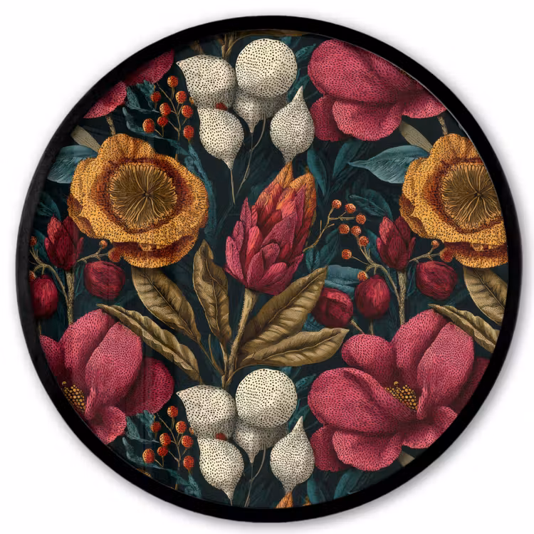 Bloemen - Patroon - Rood - Goud Fotolijst rond zonder passe partout klein 856 -3d