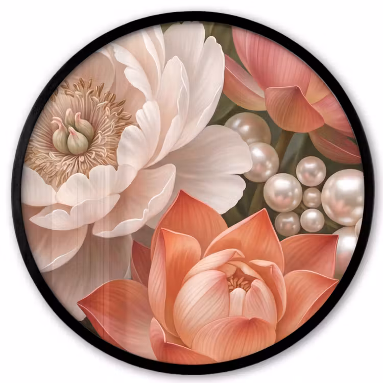 Bloemen - Parels - Elegant - Roze - Wit Fotolijst rond zonder passe partout klein -3d