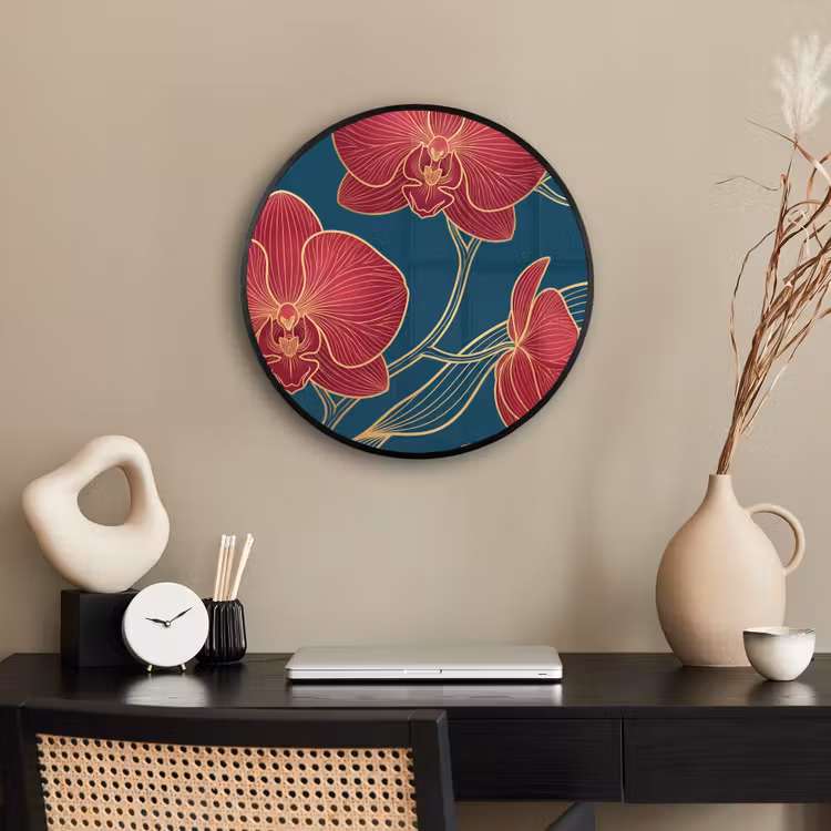 Photo Frame Round - Flowers - Red - Gold - Bloemen - Rood - Goud Fotolijst rond zonder passe partout klein