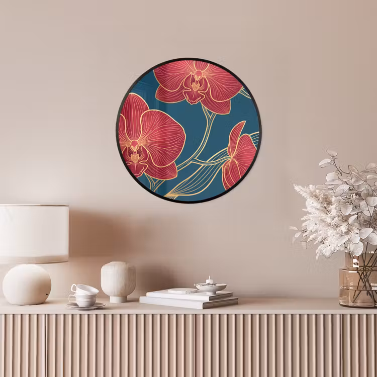 Photo Frame Round - Flowers - Red - Gold - Bloemen - Rood - Goud Fotolijst rond zonder passe partout klein