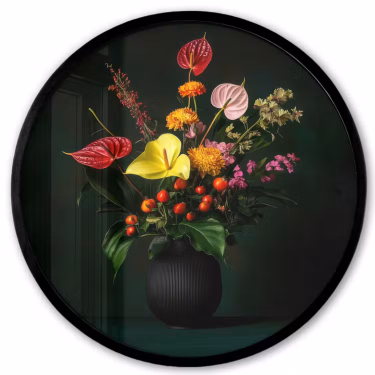 Bloemen - Vaas - Zwart Fotolijst rond zonder passe partout klein -3d