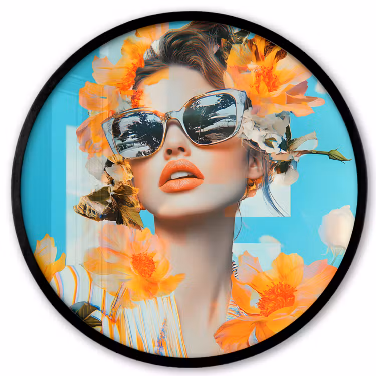 Bloemen - Vrouw - Zonnebril - Blauw Fotolijst rond zonder passe partout klein -3d