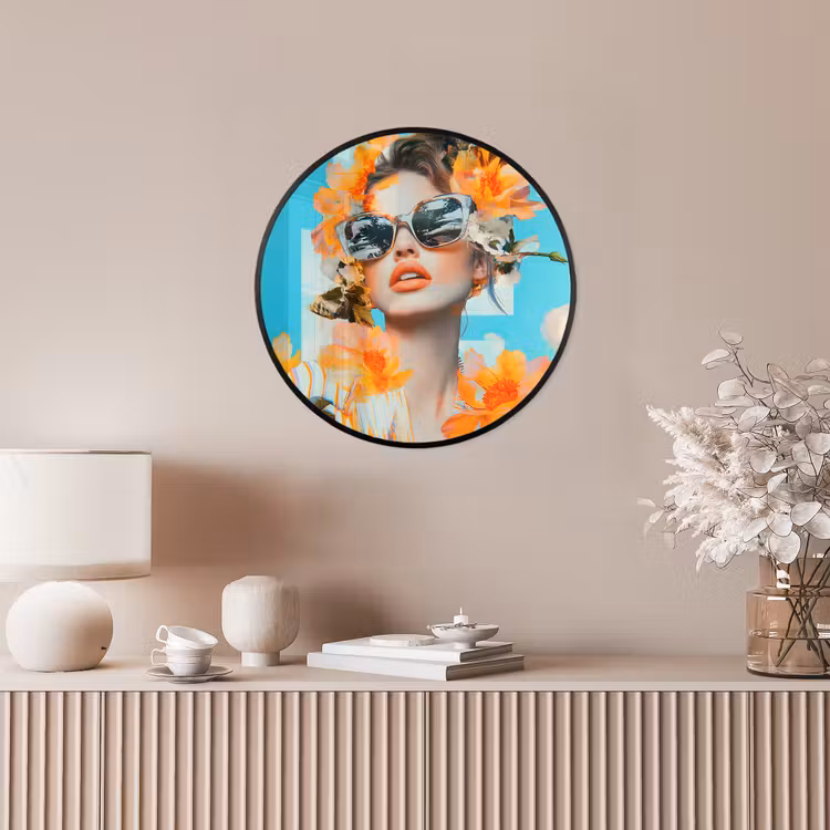 Bloemen - Vrouw - Zonnebril - Blauw Fotolijst rond zonder passe partout klein -sfeer3