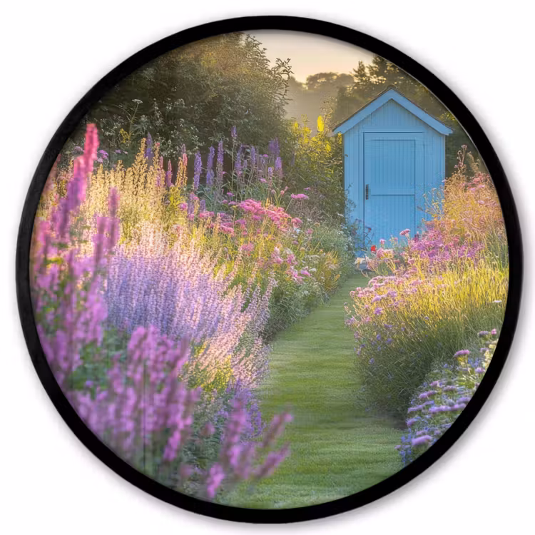 Tuinhuisje - Blauw - Bloemen Fotolijst rond zonder passe partout klein -3d