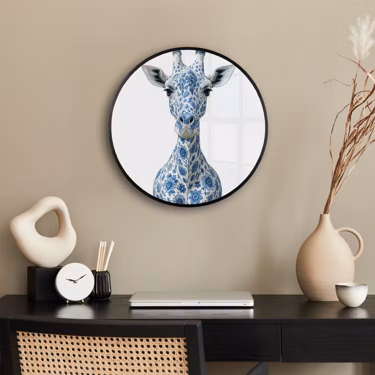 Giraffe - Delfts blauw - Dieren - Minimalistisch Fotolijst rond zonder passe partout klein -sfeer1