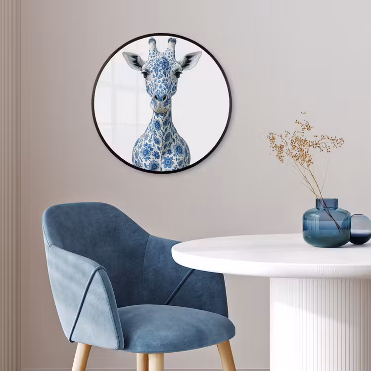 Giraffe - Delfts blauw - Dieren - Minimalistisch Fotolijst rond zonder passe partout klein -sfeer2