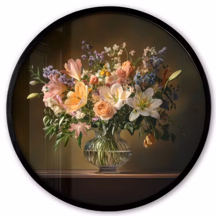Glazen - Bloemen - Boeket - Kleuren Fotolijst rond zonder passe partout klein -3d