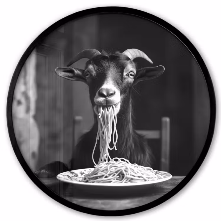 Geit - Bord - Spaghetti - Zwart Wit Fotolijst rond zonder passe partout klein -3d