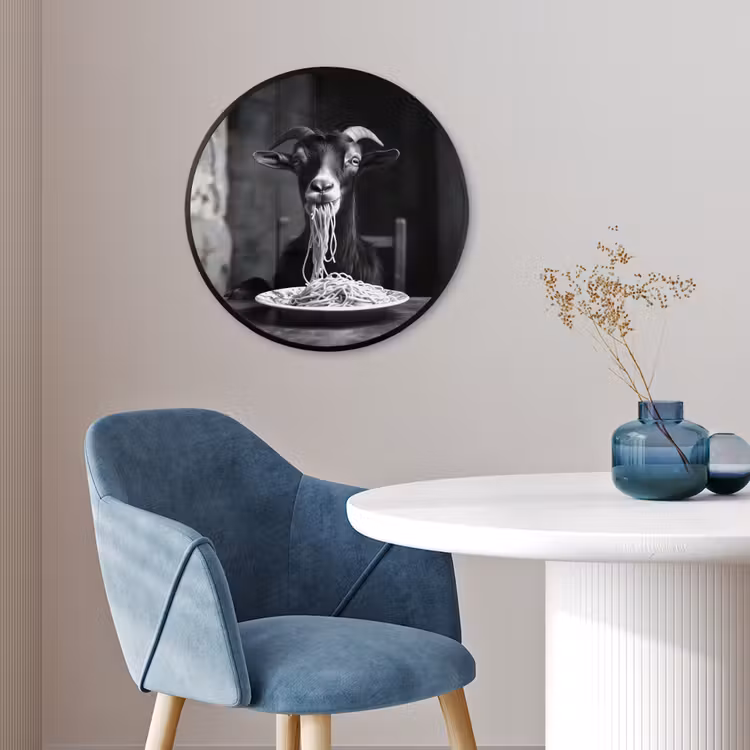 Geit - Bord - Spaghetti - Zwart Wit Fotolijst rond zonder passe partout klein -sfeer2
