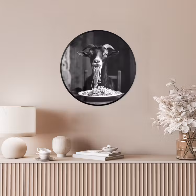 Geit - Bord - Spaghetti - Zwart Wit Fotolijst rond zonder passe partout klein -sfeer3
