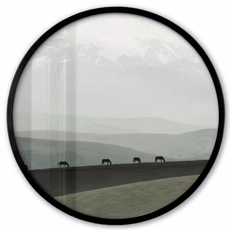 Grijs - Berg - Paarden Fotolijst rond zonder passe partout klein -3d