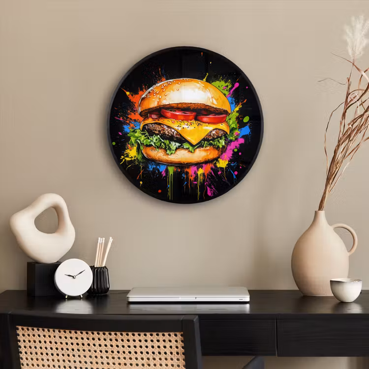 Hamburger - Graffiti - Verf - Kleurrijk - Eten - Abstract Fotolijst rond zonder passe partout klein -sfeer1