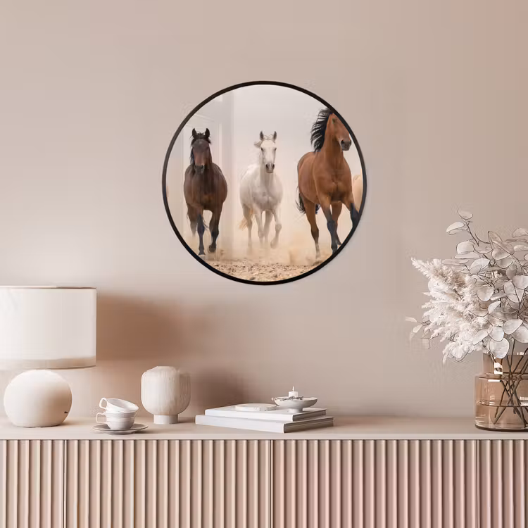Kudde paarden - Stofwolk - Bruin - Zwart Fotolijst rond zonder passe partout klein -sfeer3